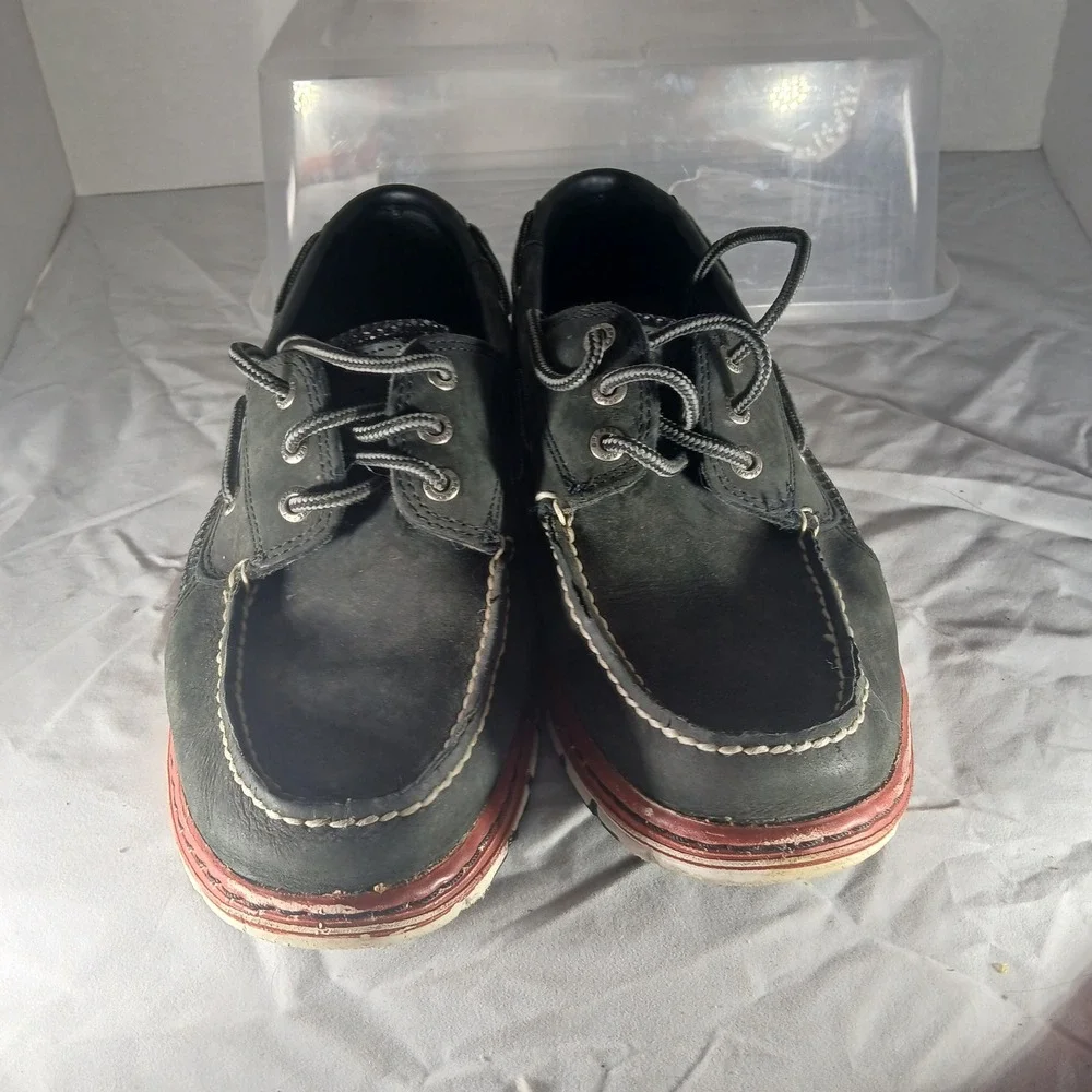 Sperry Top-Sider Mens Boat Shoes Leather Black Gray Mesh Red Trim‎ Size 9.5M